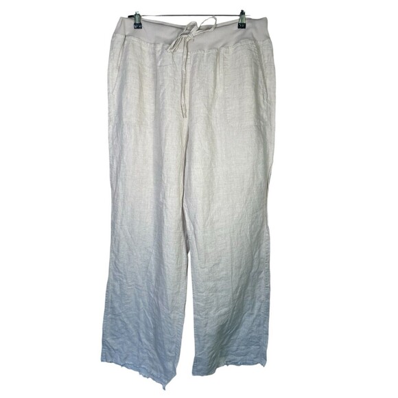 Saks Fifth Avenue Blue XL ivory Linen Pants Womens‎ Pull-On Wide Leg Drawstring - Picture 2 of 13